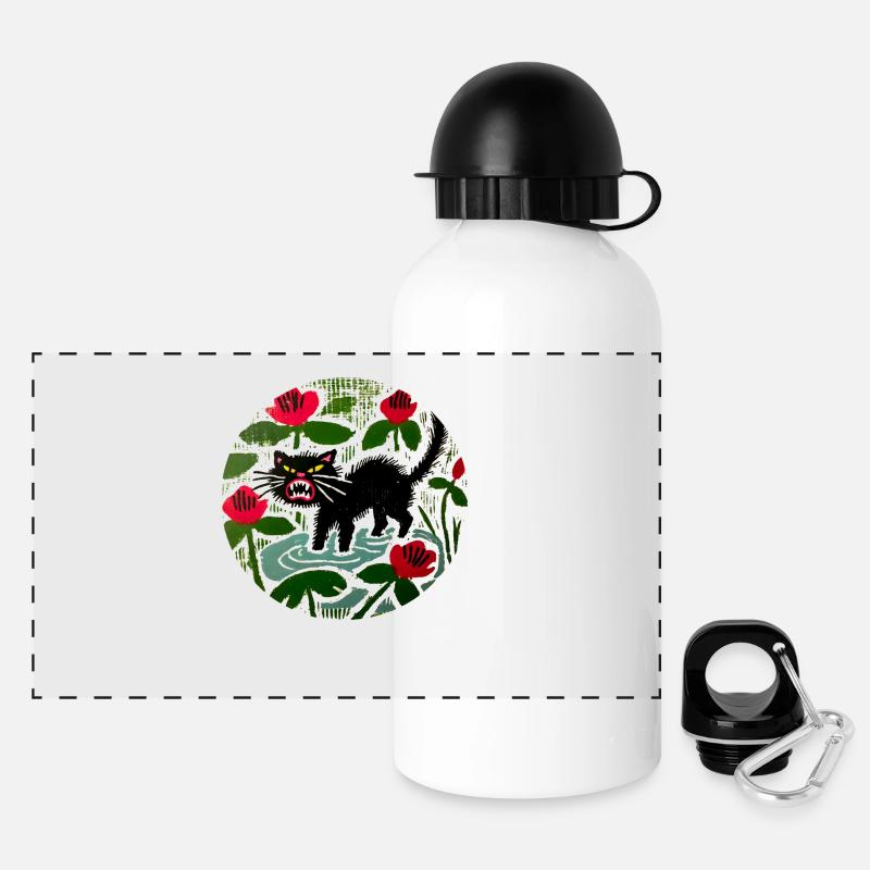 Schwarze Katze & Mohnblumen - Panorama Trinkflasche mit Deckel 500 ml - Weiß