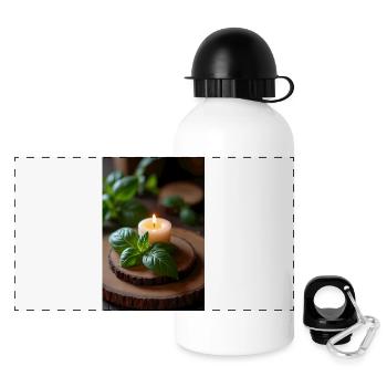 Bougie allumée au basilic sur bois rustique - Gourde panoramique avec couvercle 500 ml - blanc - Devant