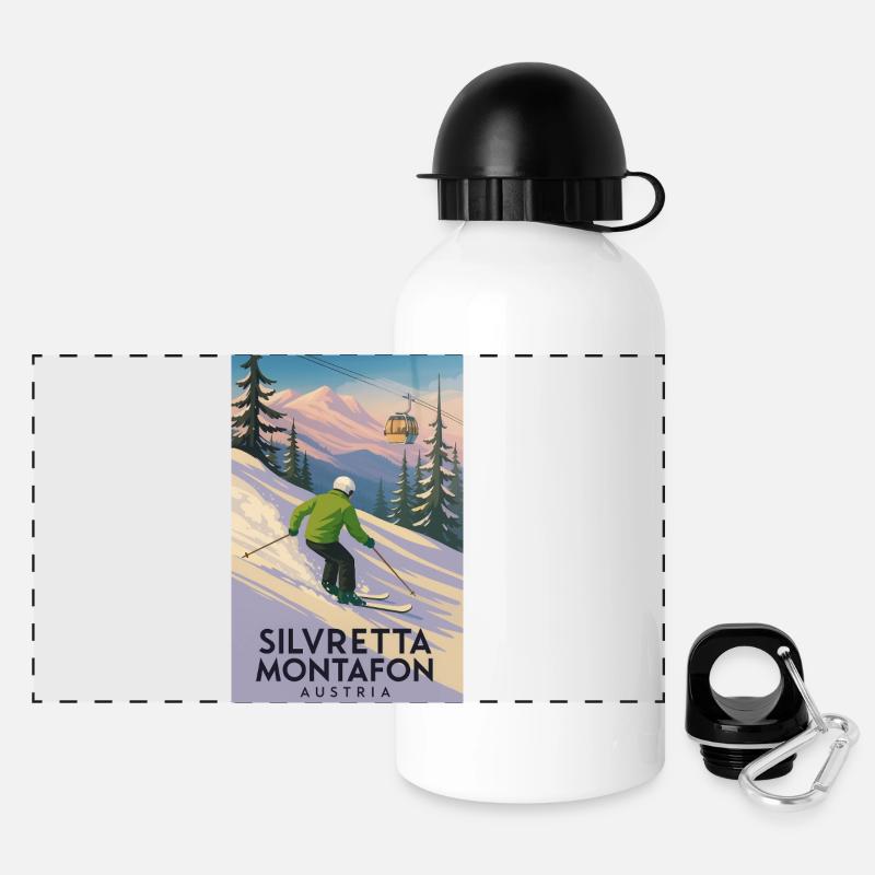 Silvretta Montafon Skier Poster - Panoramic Thermal Bottle with Lid 500 ml - white