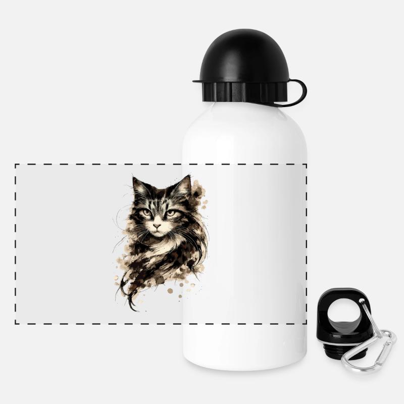 Wasserfarbenes Katzenporträt mit Tinten-Splash - Panorama Trinkflasche mit Deckel 500 ml - Weiß