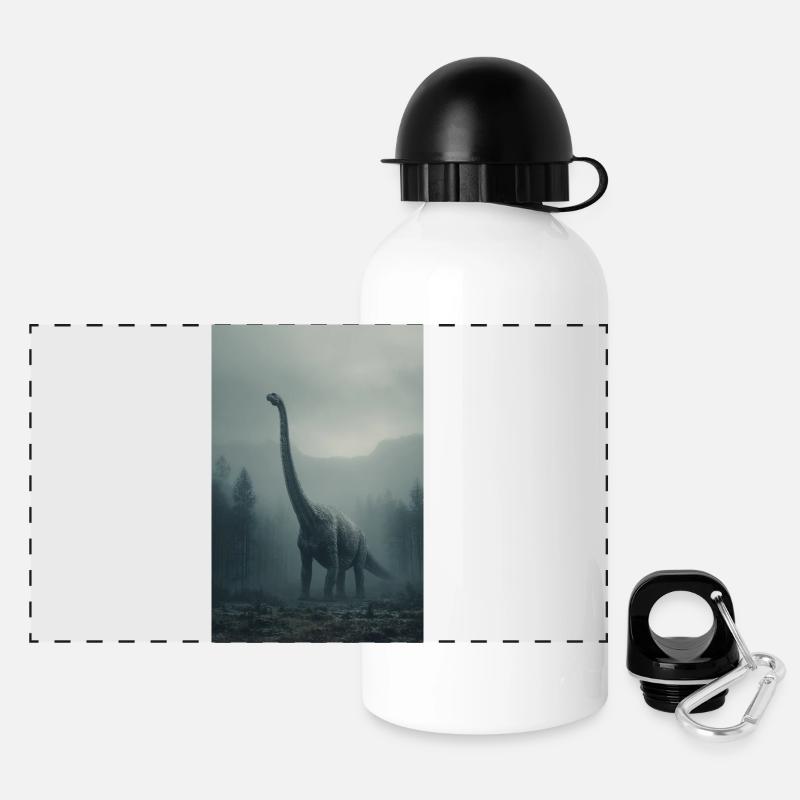 Dinosaure dans la forêt brumeuse aube - Gourde panoramique avec couvercle 500 ml - blanc