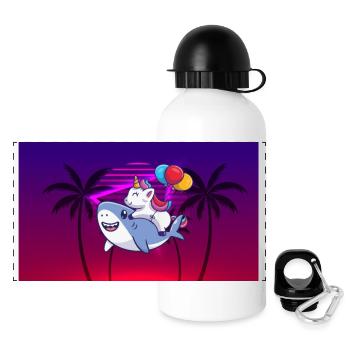 Unicorn riding an 80s style shark - Panoramic Thermal Bottle with Lid 500 ml - white - Front
