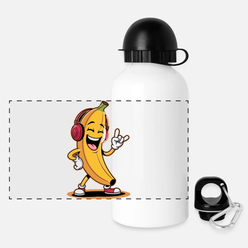 Fröhliche Banane Mit Kopfhörern Und Rockhand - Panorama Trinkflasche mit Deckel 500 ml - Weiß