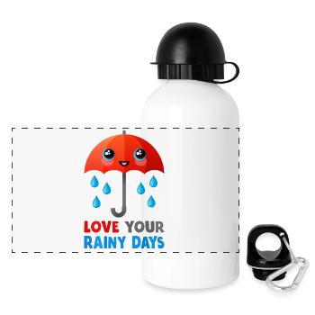 Love Rainy Days (Umbrella, Kawaii) - Panoramic Thermal Bottle with Lid 500 ml - white - Front