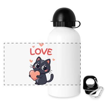 Chat Kawaii Coeur Rosé Love - Gourde panoramique avec couvercle 500 ml - blanc - Devant
