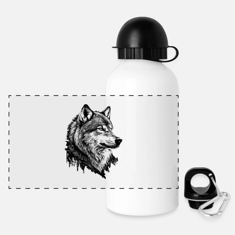 Monochrome Wolf Line Art - Panoramic Thermal Bottle with Lid 500 ml - white