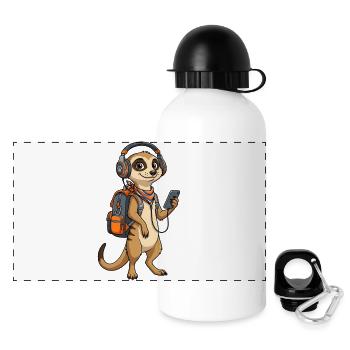 Meerkat mit Rucksack und Kopfhörern Erdmännchen - Panorama Trinkflasche mit Deckel 500 ml - Weiß - Vorne