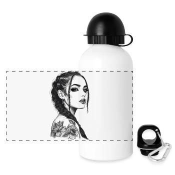 Elegant Line Art Woman - Floral Tattoo Style - Panoramic Thermal Bottle with Lid 500 ml - white - Front