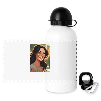 lächelnde Frau mit schwarzen braune dunklen Haaren - Panorama Trinkflasche mit Deckel 500 ml - Weiß - Vorne
