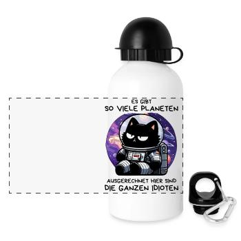 Misanthropische Katze im All – Space Mood Pur - Panorama Trinkflasche mit Deckel 500 ml - Weiß - Vorne