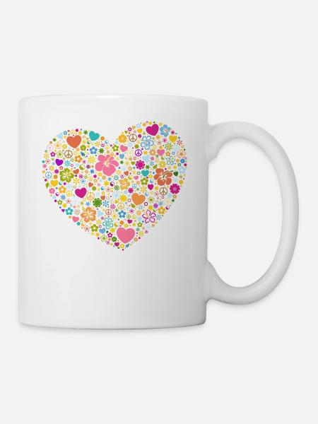 Herzen Blumen Blüten Peace-Zeichen Yin und Yang - Tasse - Weiß