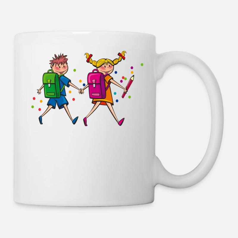 Schulkinder mit Schulranzen. Geschenkidee - Tasse - Weiß