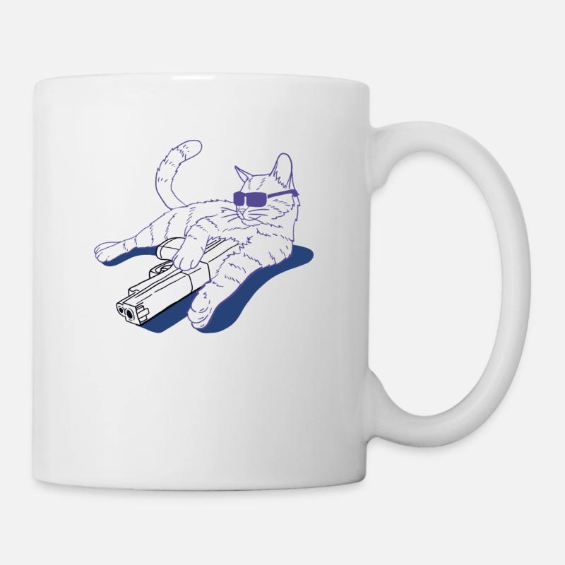 Katze mit Waffe und Sonnebrille - Tasse - Weiß