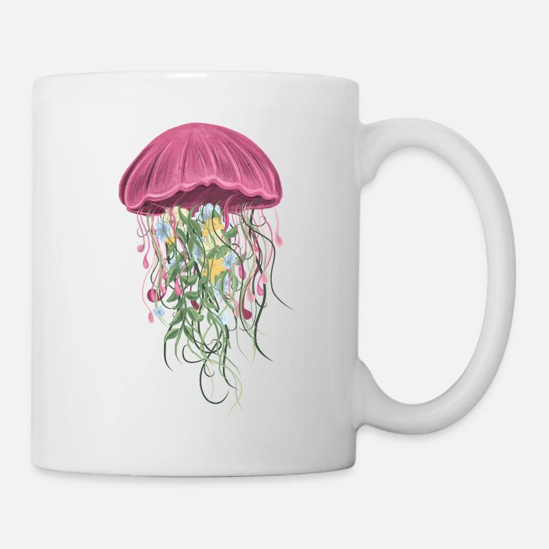 Beau dessin JELLYFISH ET FLEURS - Mug blanc - blanc
