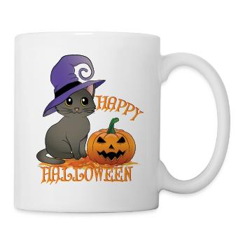 Fröhliche Halloween Katze mit Kürbis und Hexenhut - Tasse - Weiß - Rechts