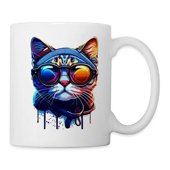 Cool Colorful Hipster Cat with Sunglasses Vector - Mug - white - Right