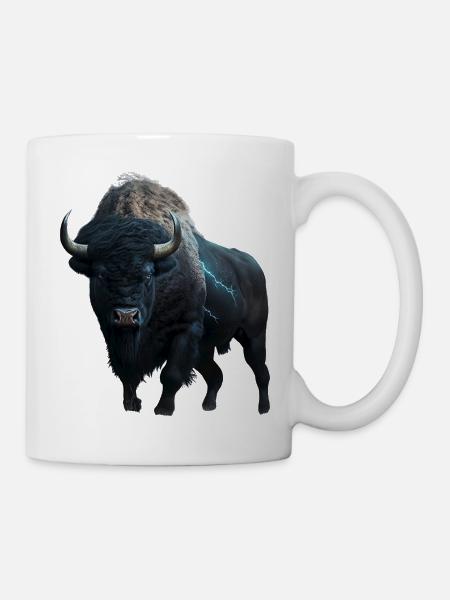 Bison schwarz Büffel mit Blitzen und Donner stark - Tasse - Weiß