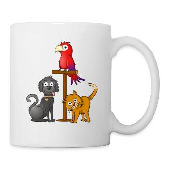 Schwarzer Hund, orangefarbene Katze und Papagei am Spieß - Tasse - Weiß - Rechts