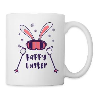 Happy Easter from Skiing Rabbit with ski poles - Mug - white - Right