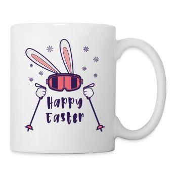 Happy Easter from Skiing Rabbit with ski poles - Mug - white - Right