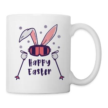 Happy Easter from Skiing Rabbit with ski poles - Mug - white - Right