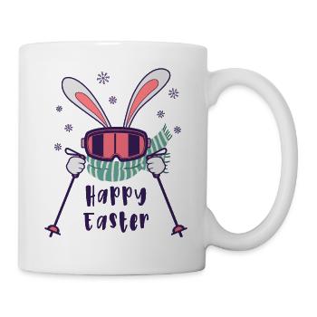 Happy Easter from Skiing Rabbit with ski poles - Mug - white - Right