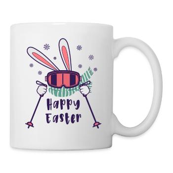 Happy Easter from Skiing Rabbit with ski poles - Mug - white - Right