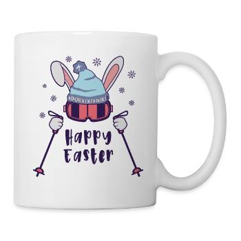 Happy Easter from Skiing Rabbit with ski poles - Mug - white - Right