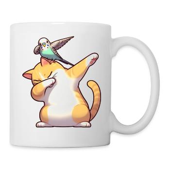 Cat and budgie dabbing cute - Mug - white - Right