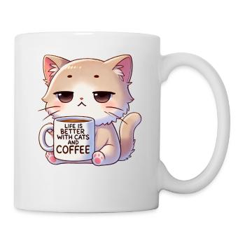 Katze Mit Kaffe - Tasse - Weiß - Rechts