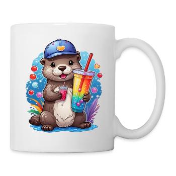 Kleiner Süßer Otter trinkt mit Strohhalm Limonade - Tasse - Weiß - Rechts