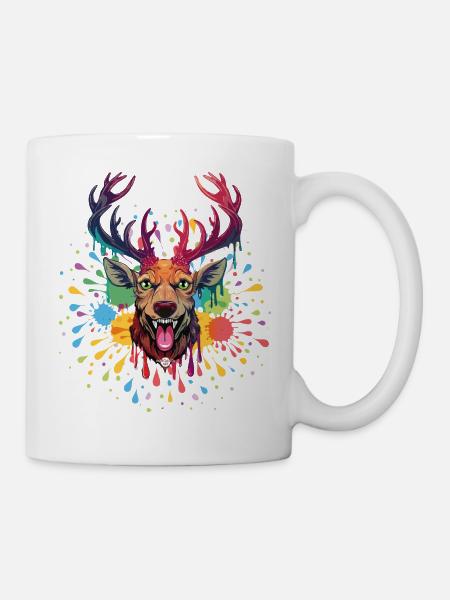 07 Party Hirsch bunter Hirschkopf Farbspritzer - Tasse - Weiß