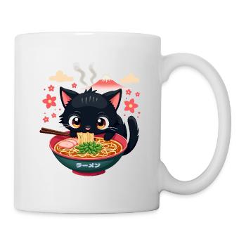 Süße japanische Katze isst Ramen Nudelsuppe - Tasse - Weiß - Rechts