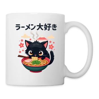 Süße japanische Katze isst Ramen Nudelsuppe - Tasse - Weiß - Rechts