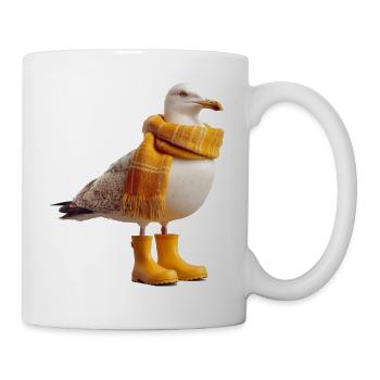Humorous seagull with rain boots and scarf - Mug - white - Right
