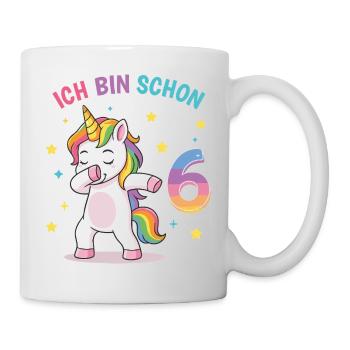 Kindergeburtstag 6, Tanzendes Lustiges Einhorn - Tasse - Weiß - Rechts