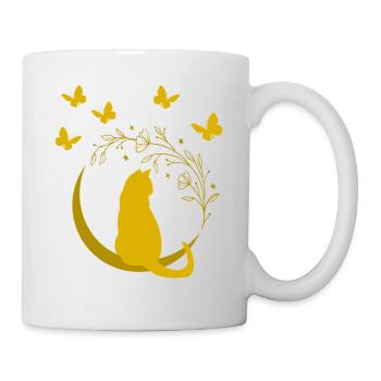 Goldene Mondkatze mit Blütenranke - Tasse - Weiß - Rechts
