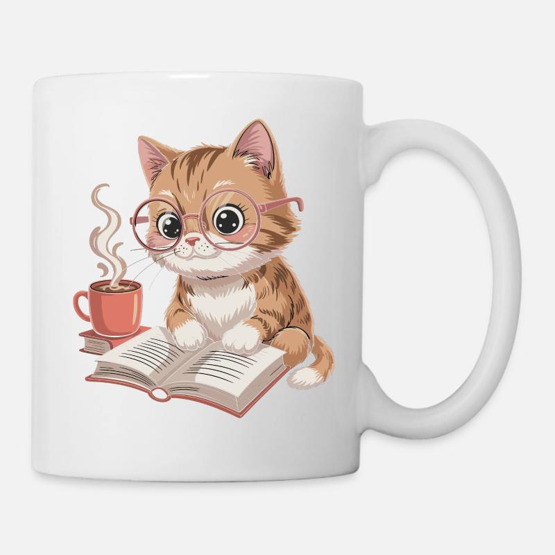 LeseKatz Katze mit Brille und Kaffee - Tasse - Weiß
