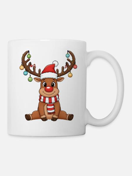 Lustiges Rentier mit roter Nase Weihnachtscartoon - Tasse - Weiß