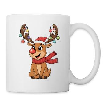 Rentier mit Kugeln und Weihnachtsmütze - Tasse - Weiß - Rechts