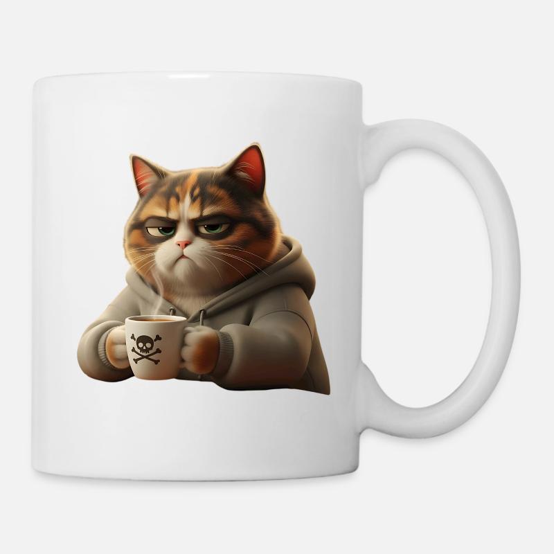 Chat fatigué drôle avec tasse de café du matin - Mug blanc - blanc