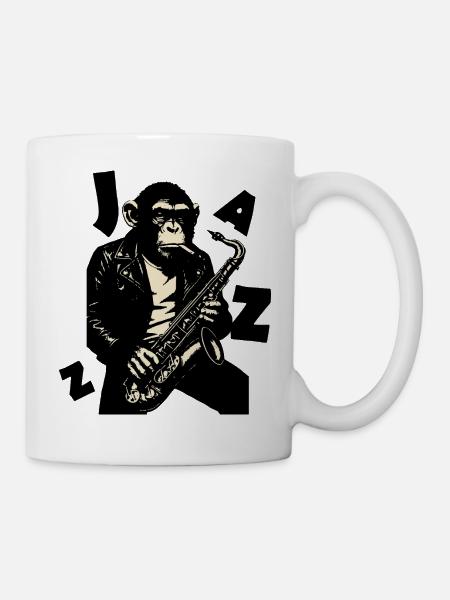 Saxophonaffe in Lederjacke - Tasse - Weiß