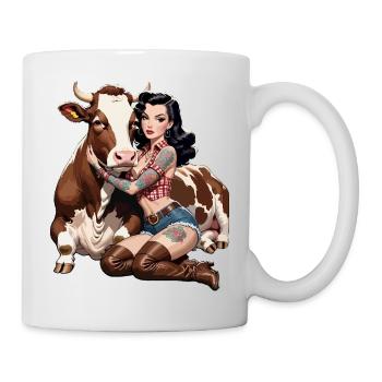 Pin-up farmer with tattoo and cow - Mug - white - Right