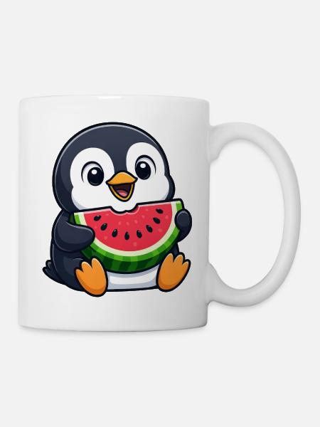 Lustiger Pinguin mit Melone Sommerfrucht Cartoon - Tasse - Weiß