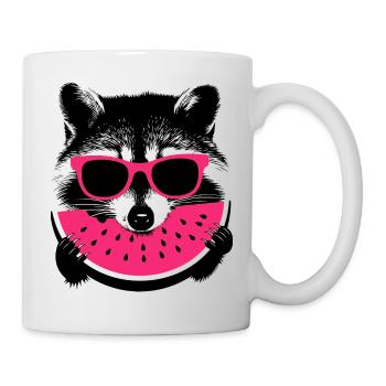 Raccoon in pink sunglasses eating melon - Mug - white - Right