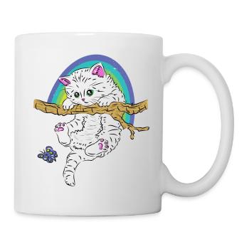 Cat on branch plays with butterfly - Mug - white - Right
