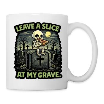 Gravestone skeleton eating slice of pizza at grave - Mug - white - Right