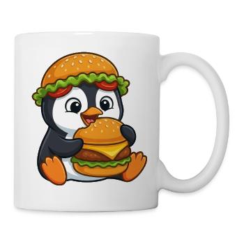 Süßer Pinguin mit Burger Cartoon Motiv - Tasse - Weiß - Rechts