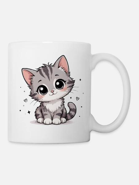 Süßes Grau-Kätzchen Cartoon - Tasse - Weiß