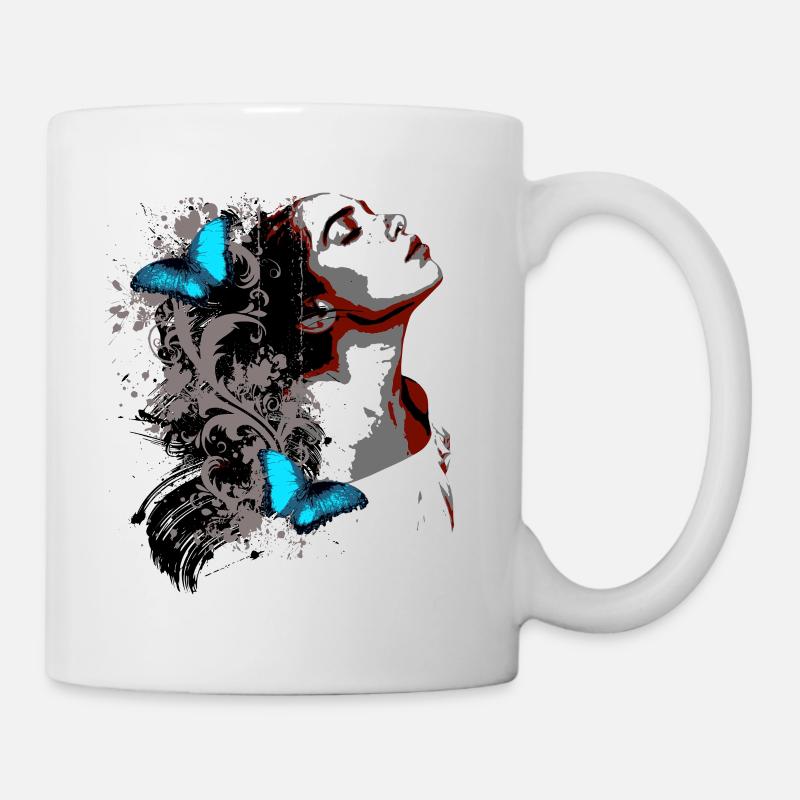 Floral Face and Blue Butterflies - Mug - white